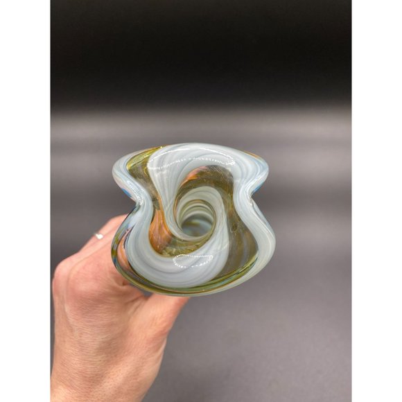 Blue Yellow and Clear Striped Art Glass Calla Lily Swirl Vase - 6.50 Tall - Picture 5 of 9